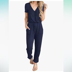 Prettygarden V-Neck Drawstring Waist Jumpsuit - Navy - Medium